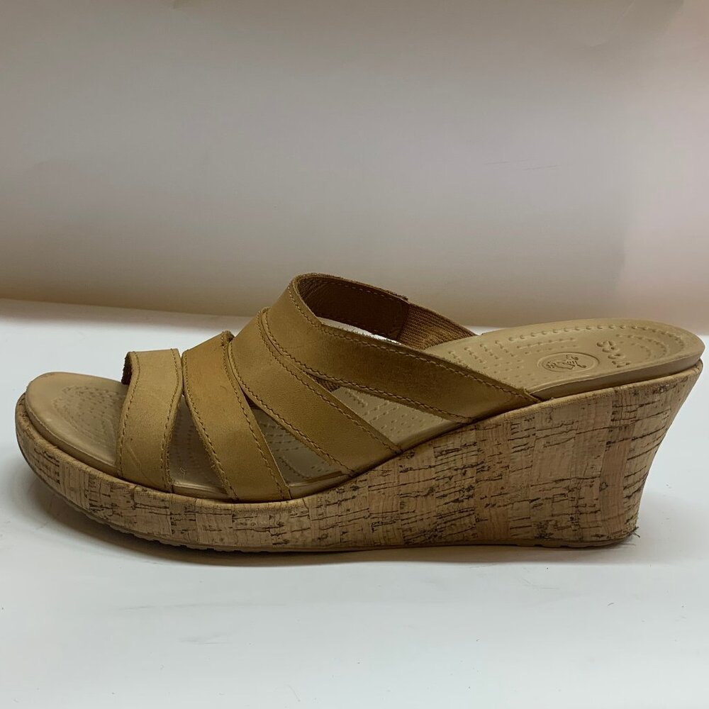 Crocs Aleigh Leather Cork Wedge Sandal Women's Size 8M Cocoa/Gold